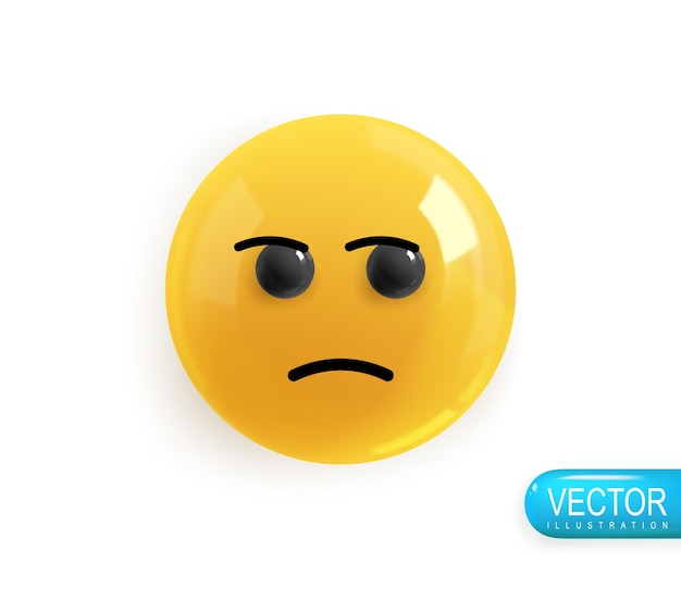Emoji-Gesicht traurig und stirnrunzelnd. Realistische 3D-Symboldarstellung eines gelben Emojis in glänzender Farbe im Kunststoffstil