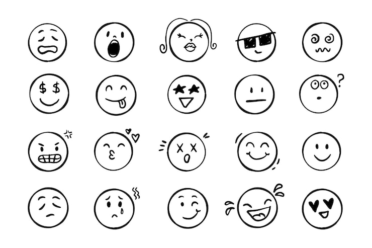 Vektor emoji-gesichts-icon-droodle-set-gesichter mit unterschiedlichen emotionen, stimmung, handgezeichneter comic-sketch-stil-vektor