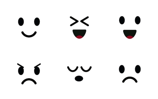 Emoji-icon-set-charaktere stehen niedlichen emoticon-stimmungssymbolen gegenüber, die glückliches fröhliches trauriges und wütendes gesicht lächeln