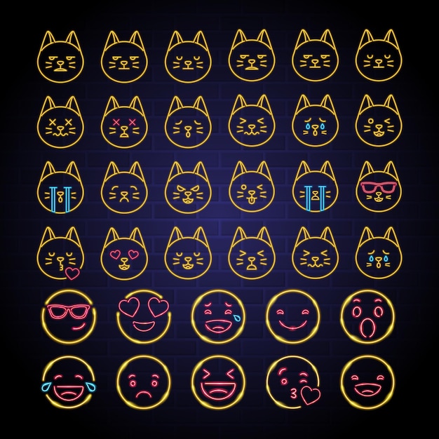 Emoji-icon-set mit neonlicht-leuchtelementen