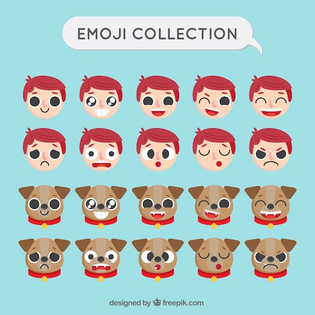 Vektor emoji mit jungen und hund in flachen design gesetzt