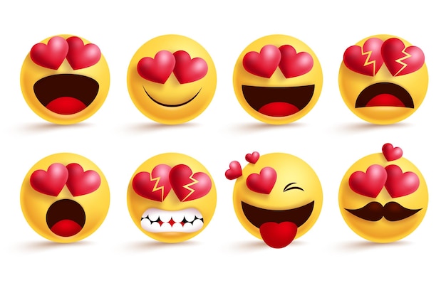 Emoji mit liebesherzen vektorset emojis und valentinsherz-emoticon mit verliebter gebrochener wut