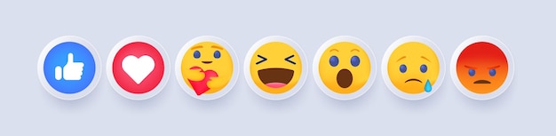 Emoji von Facebook Emoticon Träne Herz weinen Daumen hoch Lachen senden Reaktion wie Schaltfläche überrascht wütend Kommentar Geschichten Stream Feedback Chat im Messenger Neomorphismus Redaktioneller Vektor