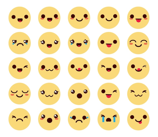 Emojis Chibi-Zeichen Vektorset Emoticon kawaii Emoji-Sammlung in gelben Gesichtern mit freundlichen Gesichtern