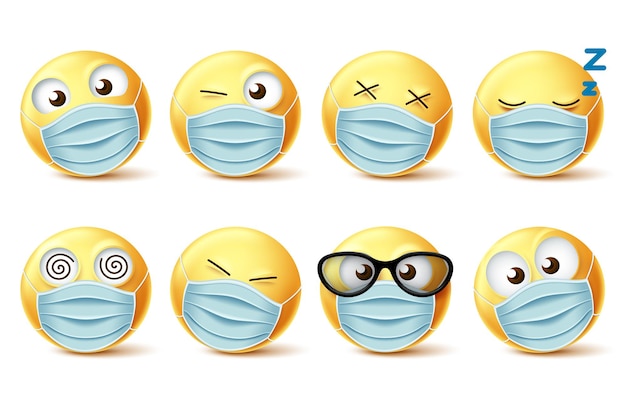 Vektor emojis-gesichtsmaske-vektor-emoticon-set. emoji-gesichter mit covid-19-gesichtsmaske und gesichtsausdrücken.