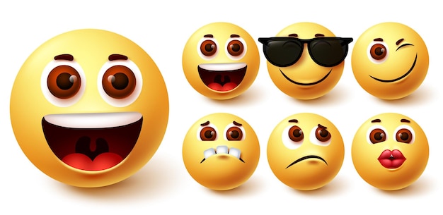 Emojis glücklicher Vektorsatz Emoji süßes gelbes Gesicht in verschiedenen Gesichtsausdrücken