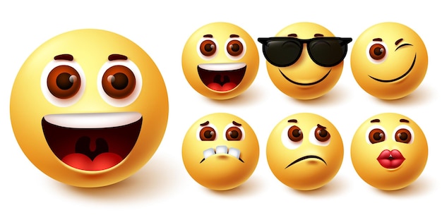 Emojis glücklicher vektorsatz emoji süßes gelbes gesicht in verschiedenen gesichtsausdrücken