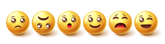 Emojis-zeichenvektorsatz. 3d-emoticon-charaktere traurig, glücklich und auf dem kopf stehende reaktion und emotion.