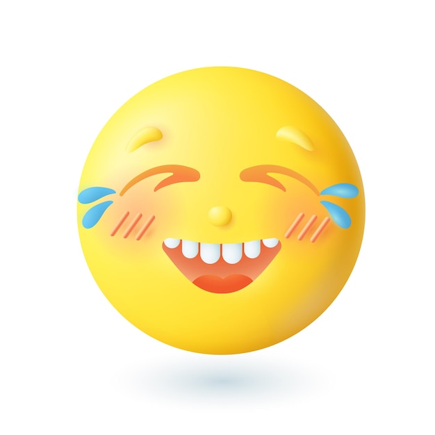 Emoticon im 3d-cartoon-stil weint vor lachen. glückliches gelbes gesicht, das spaß hat, flache vektorillustration lacht. emotion, freude, ausdruck, glück, kommunikationskonzept