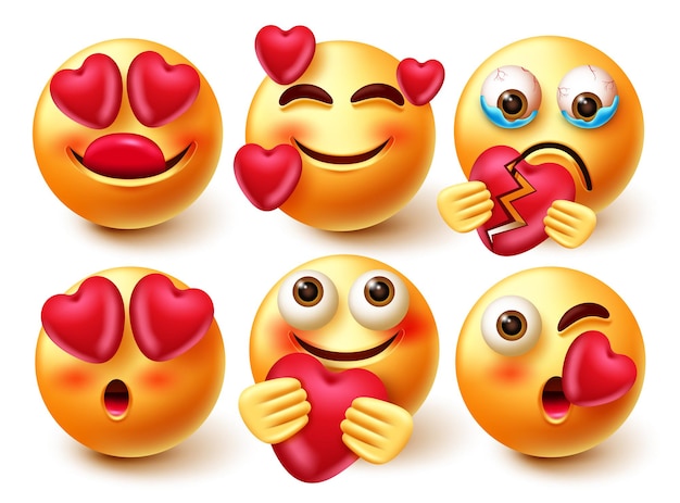 Vektor emoticon in der liebe emoji-vektorsatz. emojis 3d-charakter in liebe und gebrochenen ausdrücken.