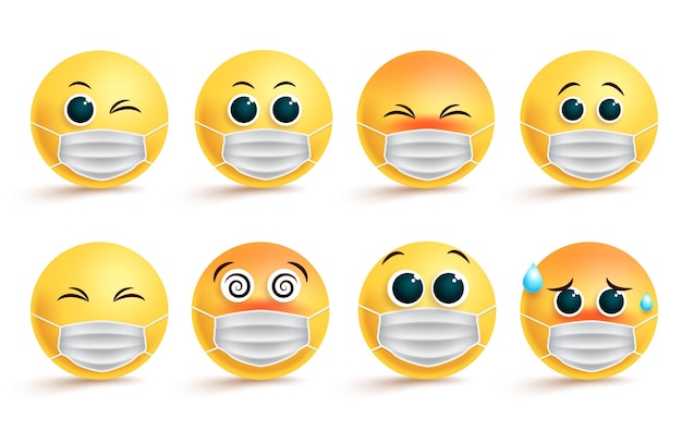 Emoticon-smiley-gesichtsmasken-vektorsatz smiley-emoji oder symbol coronavirus covid19 in chirurgischer maske