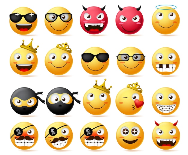 Vektor emoticon-vektorset lächelndes gesicht und gelbes emoji von könig und königin mit kronen-ninja