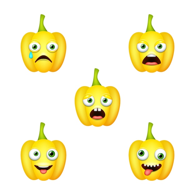 Emoticon von niedlichen gelben paprika isolierte vektor-set
