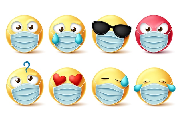 Vektor emoticons-gesichtsmaske-vektor-emojis-set emojis und covid19-emoticons mit gesichtsmaske