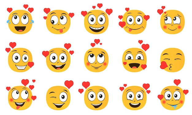 Vektor emoticons im liebesset. sammlung gelber cartoon-emoji mit herzen isoliert auf weißem hintergrund.