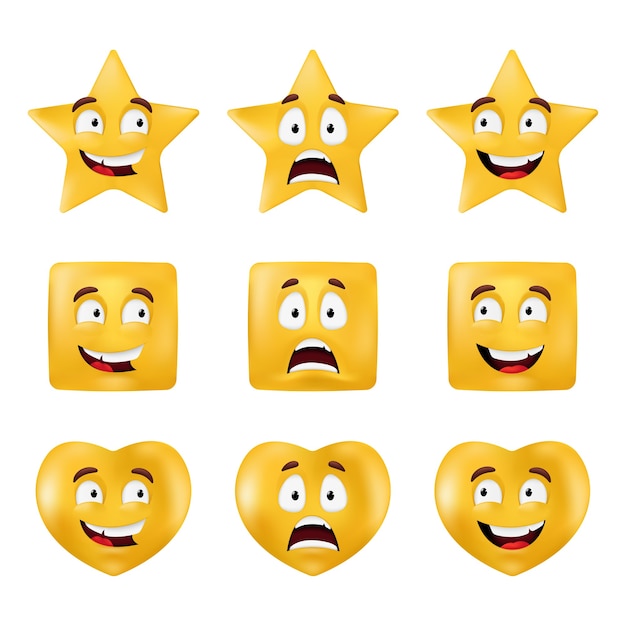 Emotionale formen - quadrat, stern, kreis, herz. grundlegende geometrische figuren mit unterschiedlichen gesichtsausdrücken. satz von emoticons lokalisiert auf einem weißen hintergrund