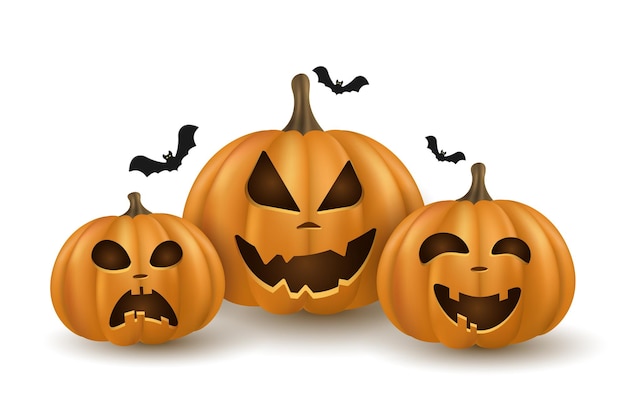 Emotionale kürbisse der karikatur 3d mit schläger auf weißem hintergrund für den feiertag halloween. oranger kürbis mit lächeln. festliche comicfiguren. vektor-illustration
