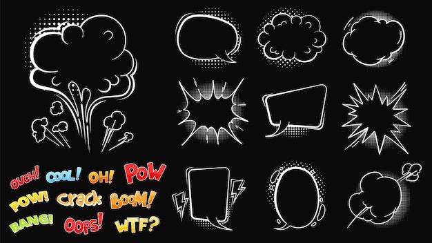 Emotionale sprechblasen cartoon weiße blase auf schwarz macht comic-talk-vektor-konstruktor