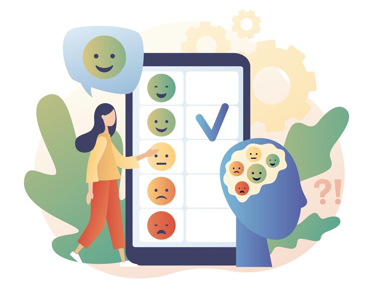 Vektor emotionen skalieren auf dem smartphone-bildschirm stimmungskonzept ausgezeichnet gut und normal schlecht und schrecklich