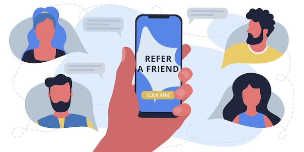 Empfehlen Sie ein Freund-Konzept Hand mit Telefon Geschäftsstrategie mit einer Gruppe von Menschen Network-Marketing-Empfehlungsprogramm