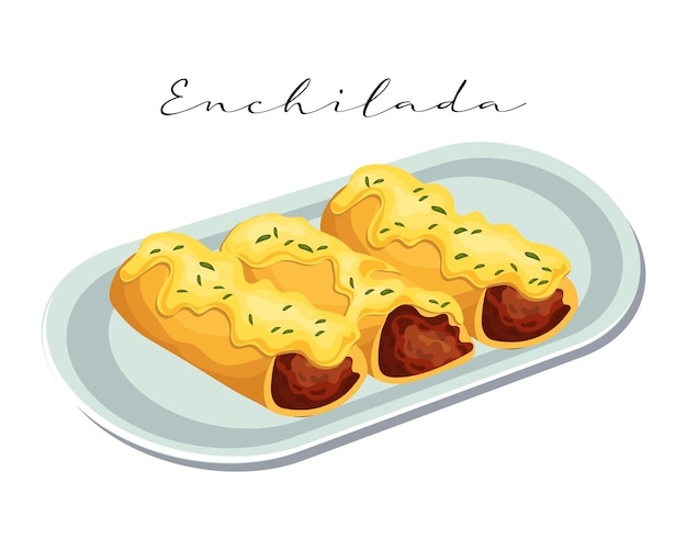 Vektor enchilada mit fleisch mit sauce auf einem teller, lateinamerikanische küche, mexikanische nationalküche. essen