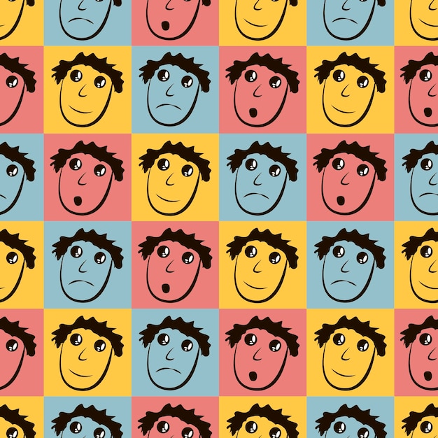 Vektor endloses muster von cartoon-gesichtern nahtloser hintergrund mit emoticons mit unterschiedlichen stimmungen lächeln