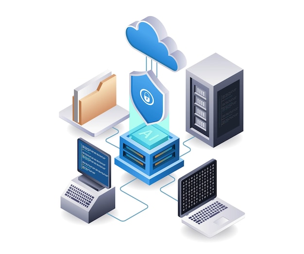 Endpunkt-Datensicherheit Cloud-Server-Technologie Konzept flache isometrische 3D-Illustration