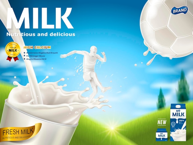 Vektor energetische milchwerbung, fußballspieler tritt mit seiner vollen kraft einen fußball, der in 3d-illustration aus milch hergestellt wird