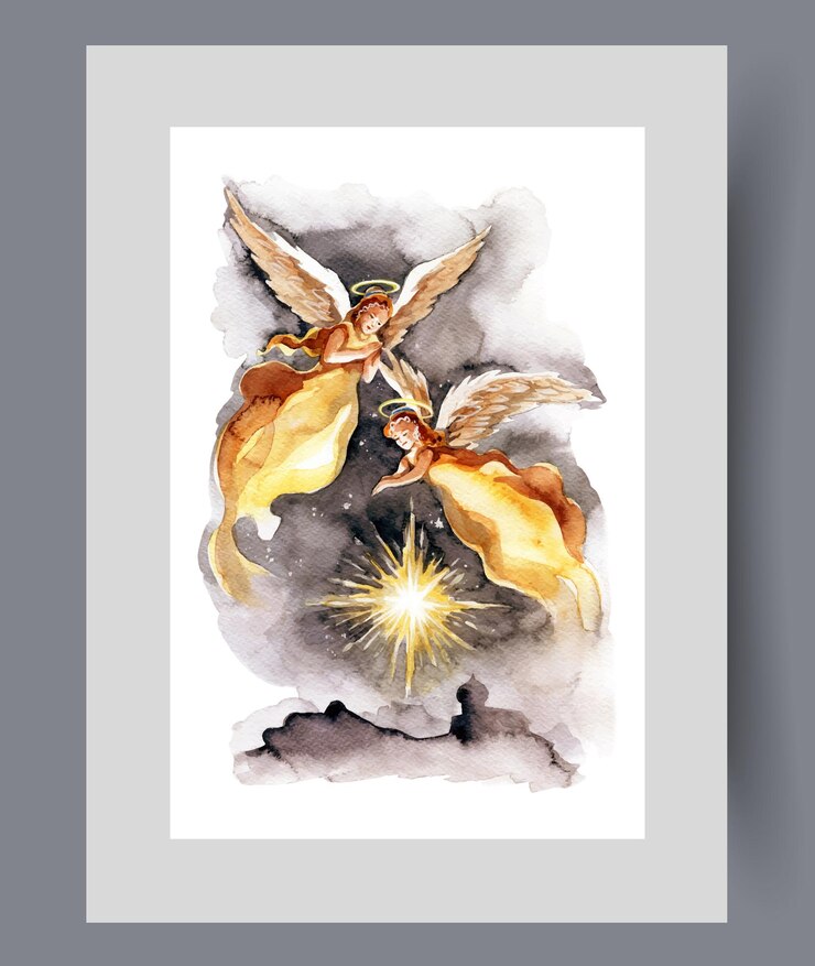 Vektor engel fliegen am nachthimmel um sterne herum und symbolisieren wunder auf wandkunst aquarellkunstwerke