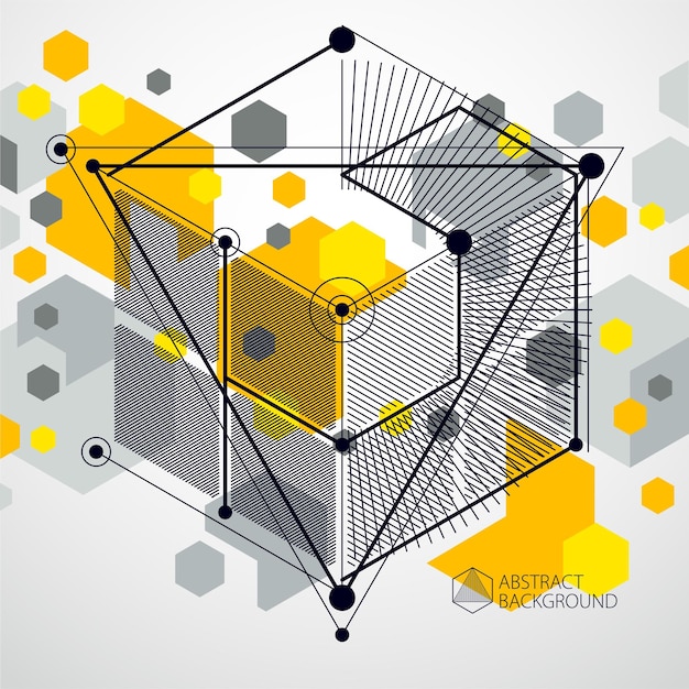Engineering technologische gelbe Vektor 3D-Tapete mit Würfeln und Linien. Illustration des technischen Systems, abstrakter technologischer Hintergrund. Abstrakter technischer Hintergrund
