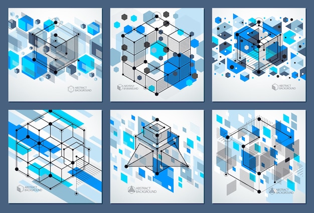 Engineering technologischer blauer vektor 3d-wallpaper-set mit würfeln und linien. illustration des technischen systems, abstrakter technologischer hintergrund. abstrakter technischer hintergrund.