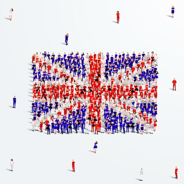 Vektor england oder uk-flagge. eine große gruppe von menschen formiert sich, um die form der britischen flagge zu erschaffen. vektor.
