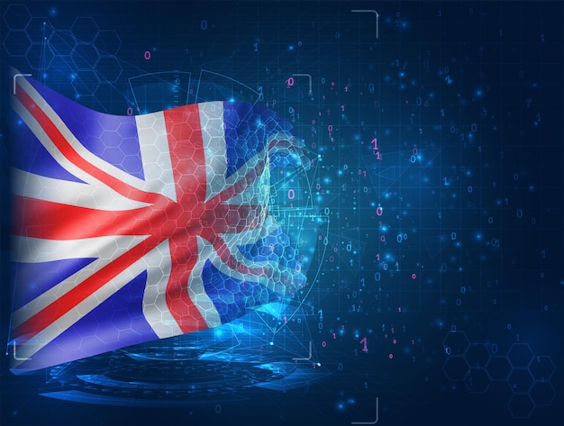 England, Vektor-3D-Flagge auf blauem Hintergrund mit hud-Schnittstellen