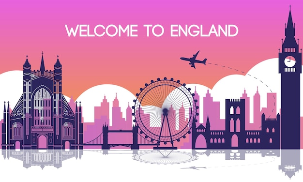 Englands berühmtes Wahrzeichen im Silhouettenstil mit Reisen und Flaggenfarbdesign, Tourismusvektorillustration