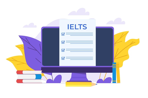 Englisch-leistungstest und prüfung ielts international english language testing system vektorillustration