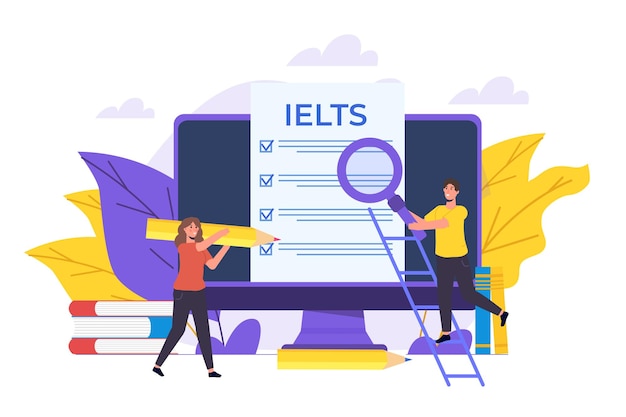 Englisch-leistungstest und prüfung ielts international english language testing system vektorillustration