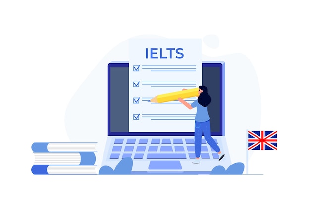 Vektor englisch-leistungstest und prüfung ielts international english language testing system vektorillustration