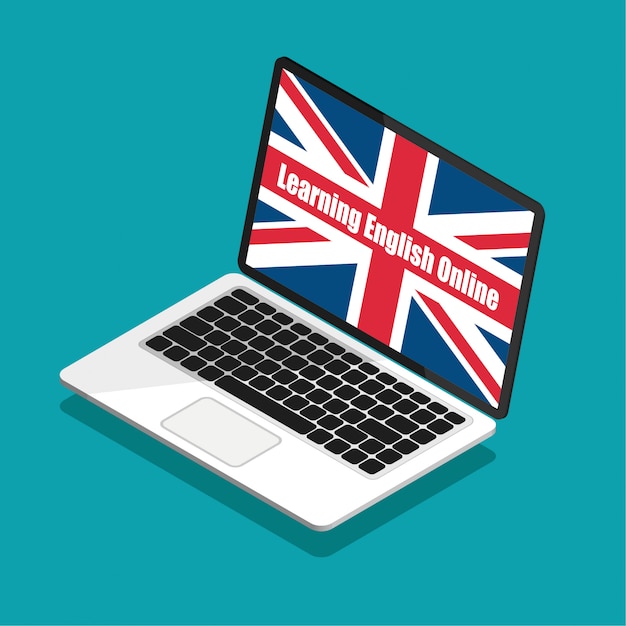 Englisch online lernen. großbritannien-flagge auf einem laptop-display im trendigen isometrischen stil. sommer englisch kurse konzept.