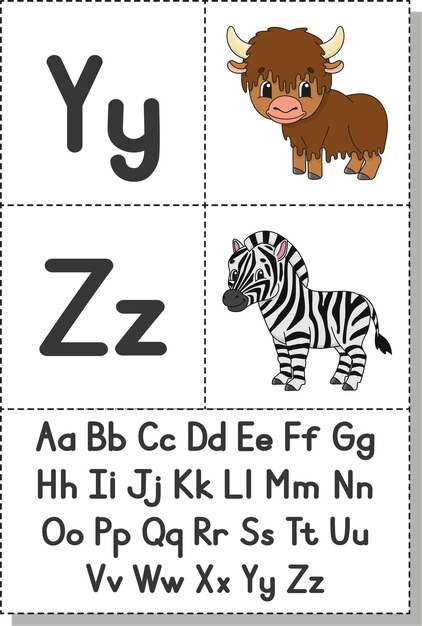 Englisches alphabet mit comicfiguren. karteikarten.