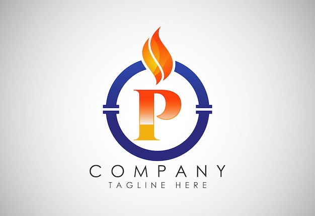 Vektor englisches alphabet p mit feuerflamme und rohr logo-designkonzept für die öl- und gasindustrie