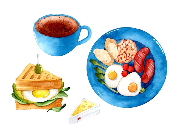 Vektor englisches frühstück kaffee-sandwich-aquarell-set