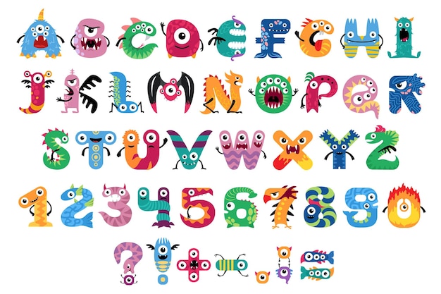 Englisches monster-alphabet für kinder mit lustigen zeichentrickfiguren