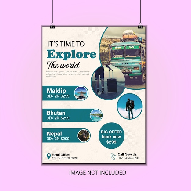 Entdecken Sie den Weltreise-Abenteuer-Flyer-Design-Vektor