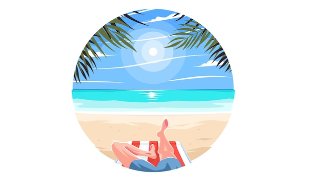 Vektor entspannen am strand mit palmen ein mann in badeshorts entspannt auf einer chaiselongue am meer