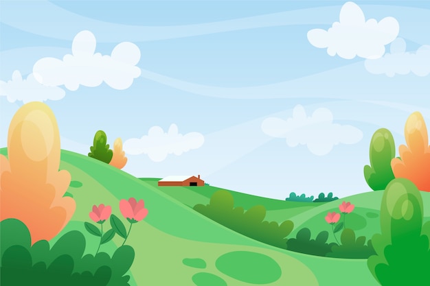 Entspannende Frühlingslandschaft mit grünen Hügeln und blauem Himmel