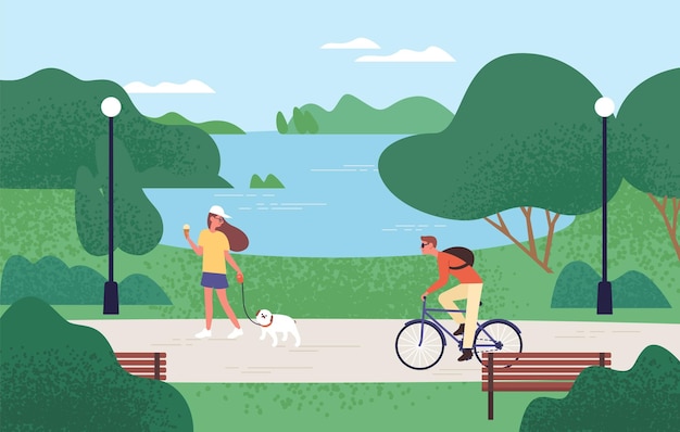 Entspannte Menschen, die Freizeitaktivitäten im Freien in der flachen Illustration des Sommerwaldparks genießen. Frau isst Eis und geht mit Hund spazieren, Mann fährt Fahrrad. Wunderschöne Naturlandschaft.