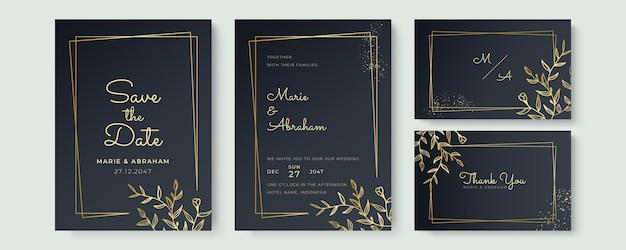 Entwerfen Sie Hochzeitseinladungsschablonensatz. Handgezeichnete goldene florale Texturelemente und goldene Rahmen auf schwarzem Hintergrund