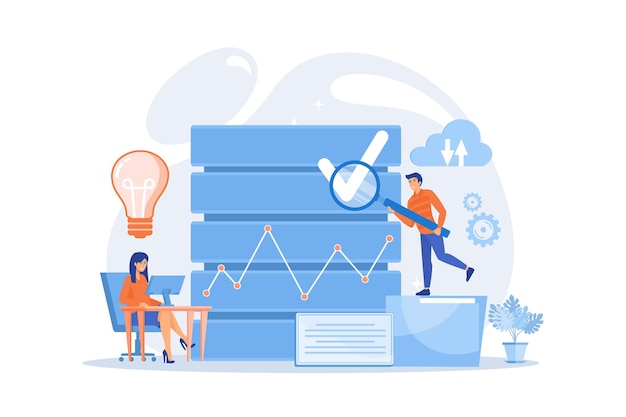 Entwickler mit Lupe, die Daten studieren, Datenbankforschung, Suchanalyse, Big-Data-Statistiken