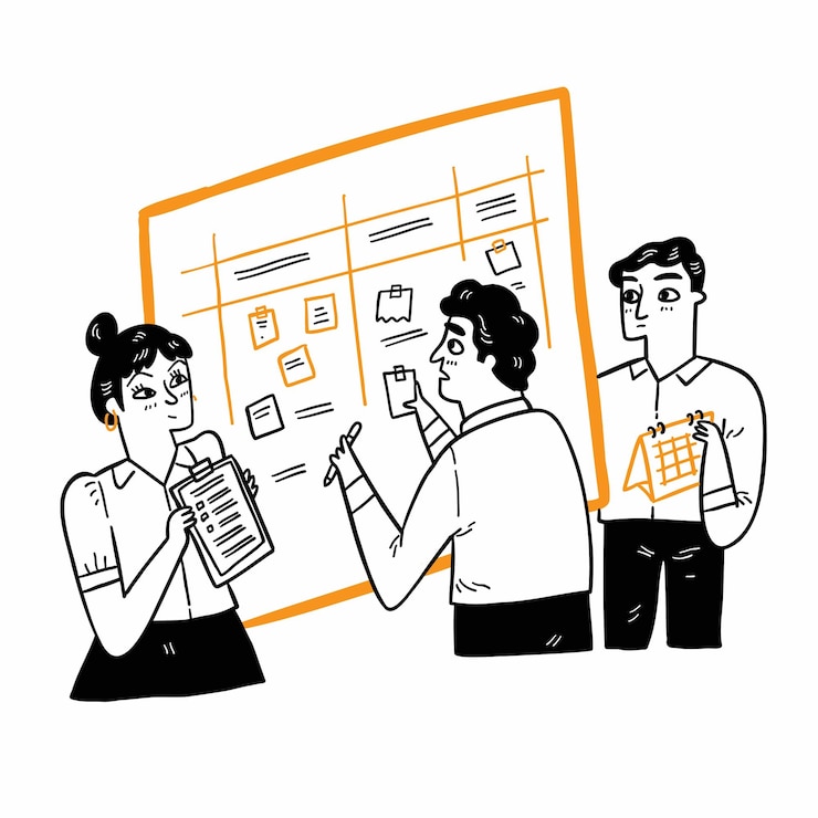Vektor entwicklerteam plant wöchentliche zeitplanaufgaben auf taskboard teamwork- und kollaborationskonzept task-schema whiteboard-zeitplanstrategie handgezeichneter vektor-illustration-doodle-stil