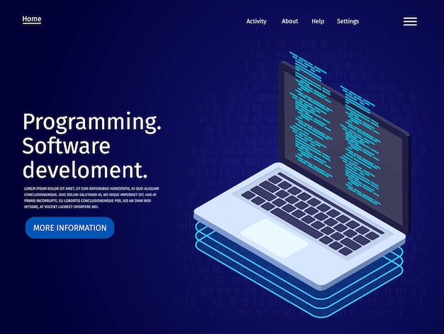 Vektor entwicklung von software und programmierung laptop in flacher isometrischer 3d-darstellung